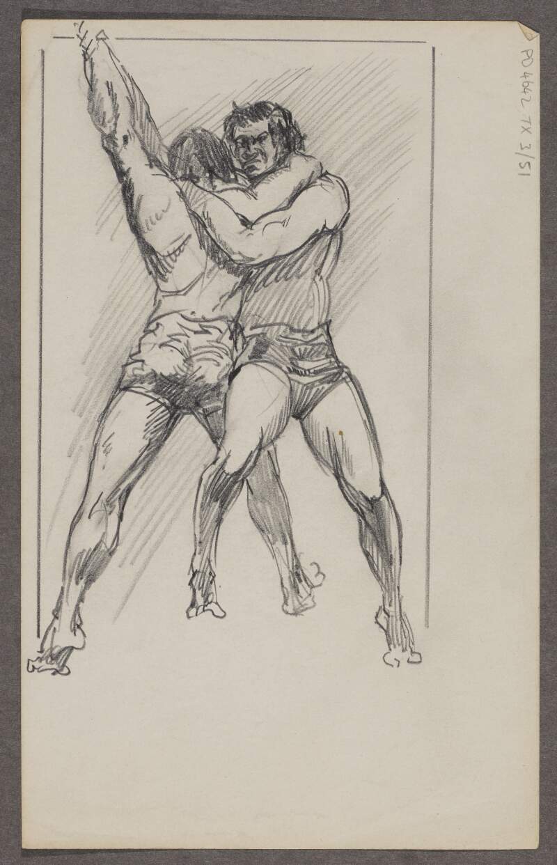 [Sketch of two men, wearing shorts, wrestling]