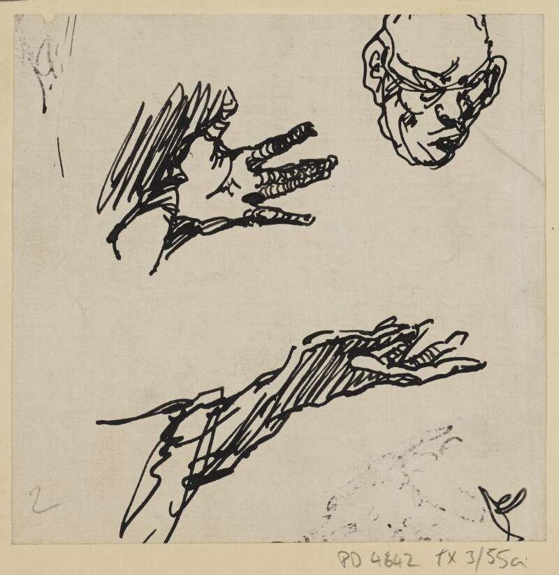 [Study sketches of hands and man's face]