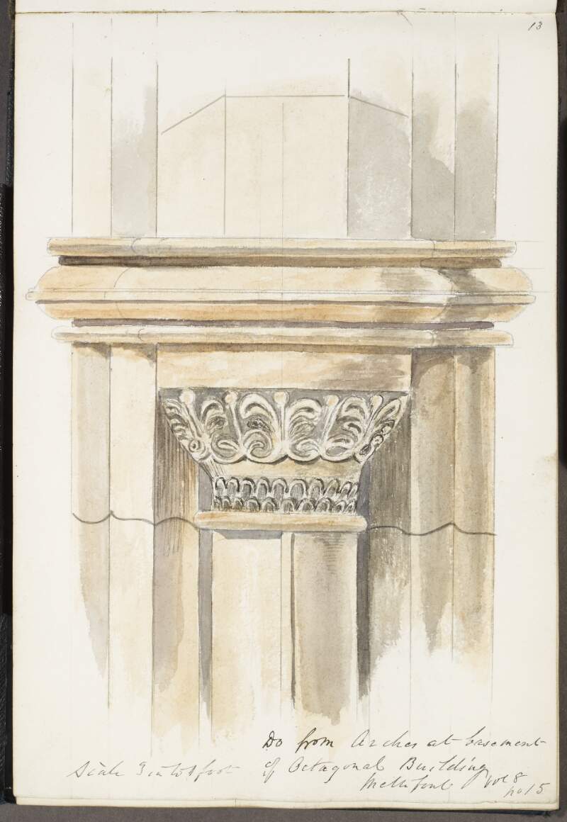 Cap of pilaster from arches at basement of octagonal building, Mellifont
