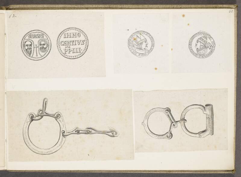 [Five prints of coins and handcuffs]