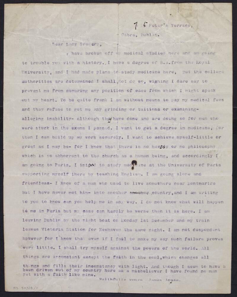 Carbon copy of letter from James Joyce to Lady Gregory, on the eve of his departure from Ireland, sent by her to W. B. Yeats,