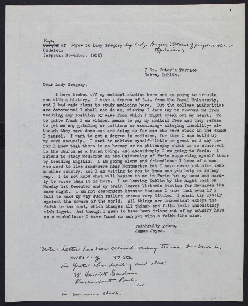 Copy of typescript letter from James Joyce to Lady Gregory, on the eve of his departure from Ireland, sent by her to W. B. Yeats, with manuscript notes,