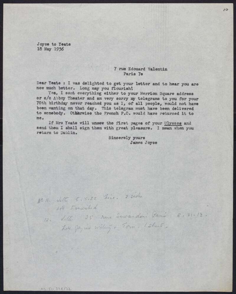 Typescript copy of letter card from James Joyce to W. B. Yeats offering to sign Yeats' copy of 'Ulysses',