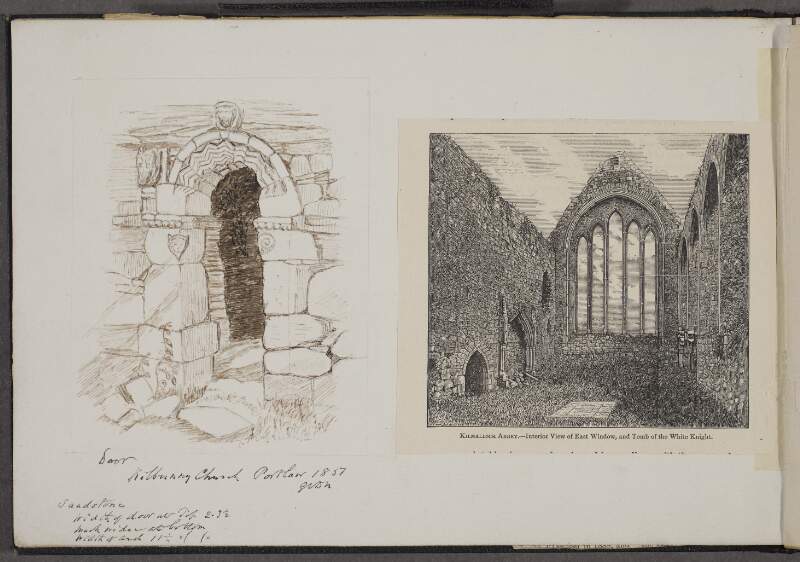 Door, Kilbroney Church, Portlaw, 1857 ; Kilmallock Abbey. - Interior view of east window, and Tomb of the White Knight