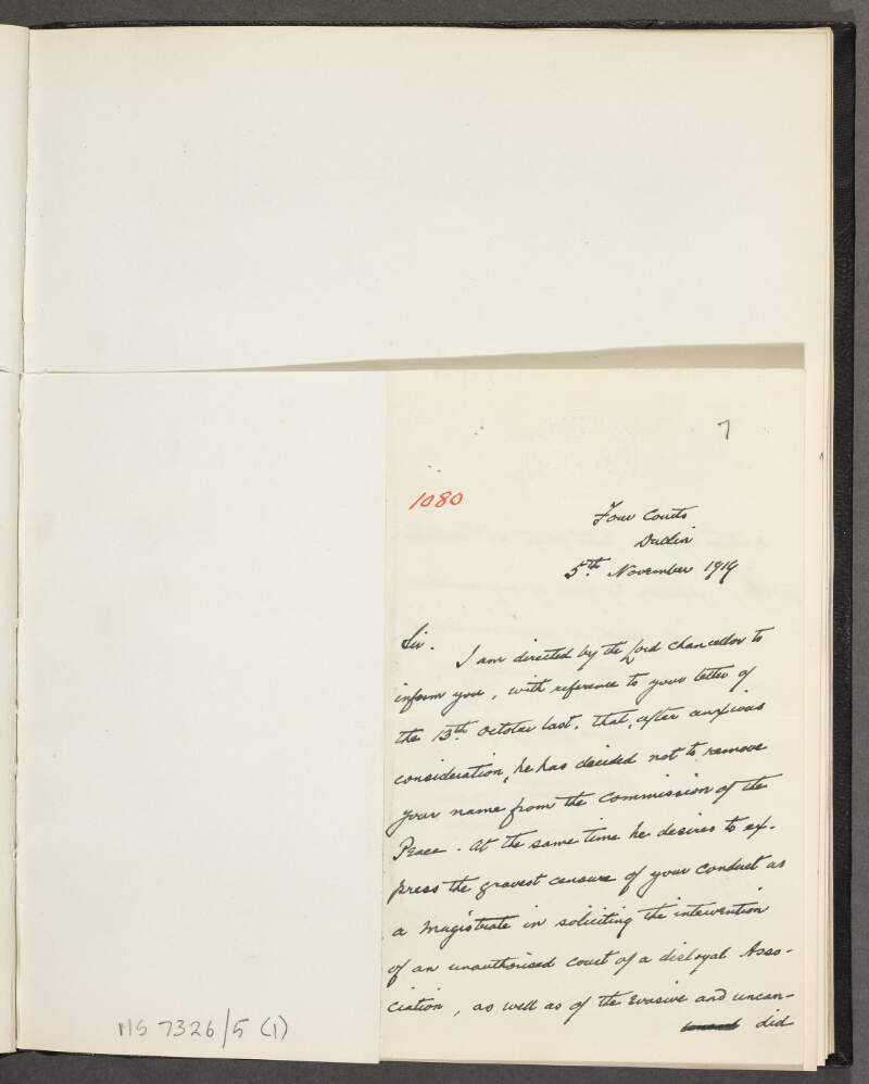 Letter from the office of the Lord Chancellor of Ireland to George O'Grady,