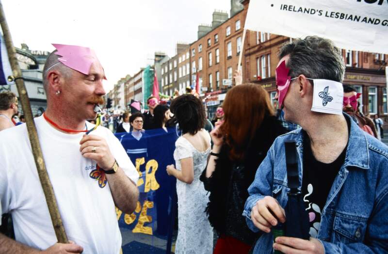 Donal Traynor and Joe Bowlby in pink masks. Dublin Lesbian and Gay Pride March