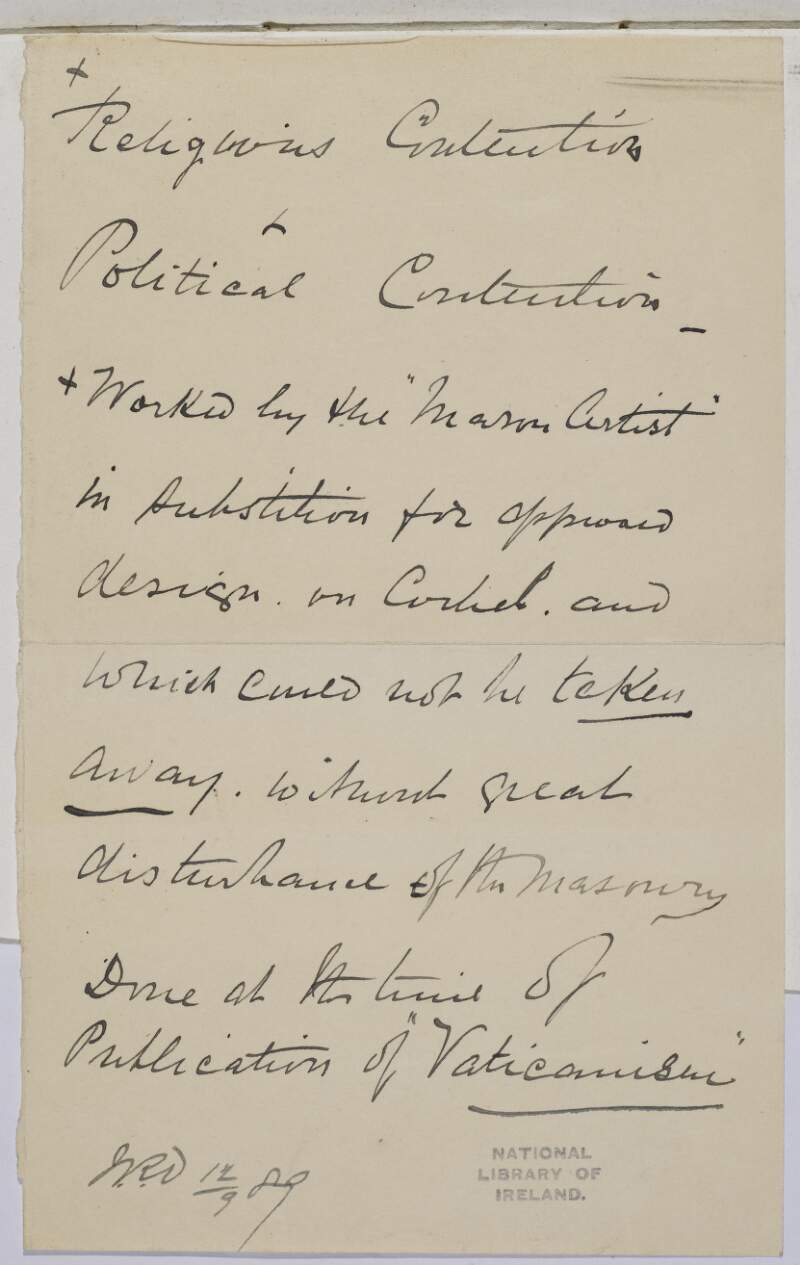 Note from John Rowe Dutton to William Frazer regarding sculptures at Chester Cathedral,