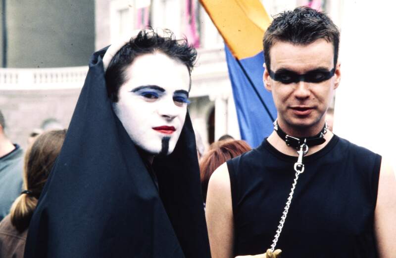 Two men; one in nun drag and face paint and the other in dog collar and chain. Dublin Lesbian and Gay Pride March