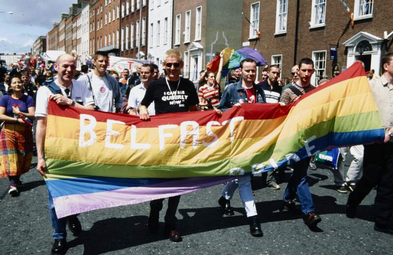 Marchers carrying Belfast Pride banner. Dublin Lesbian and Gay Pride March