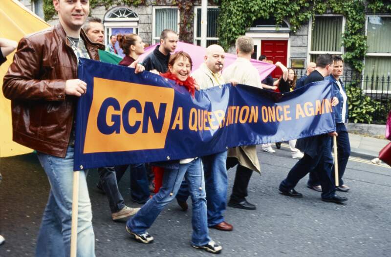 "GCN A Queer Nation Once Again" banner and supporters Dublin Lesbian and Gay Pride March