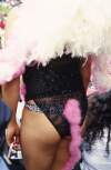 Close up of back of Drag Queen in bikini and pink feather tail Dublin Lesbian and Gay Pride March