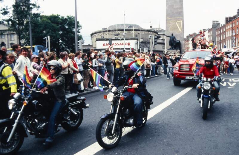 Section of march featuring Harley Davidson motorcycles with rainbow flags Dublin Lesbian and Gay Pride March