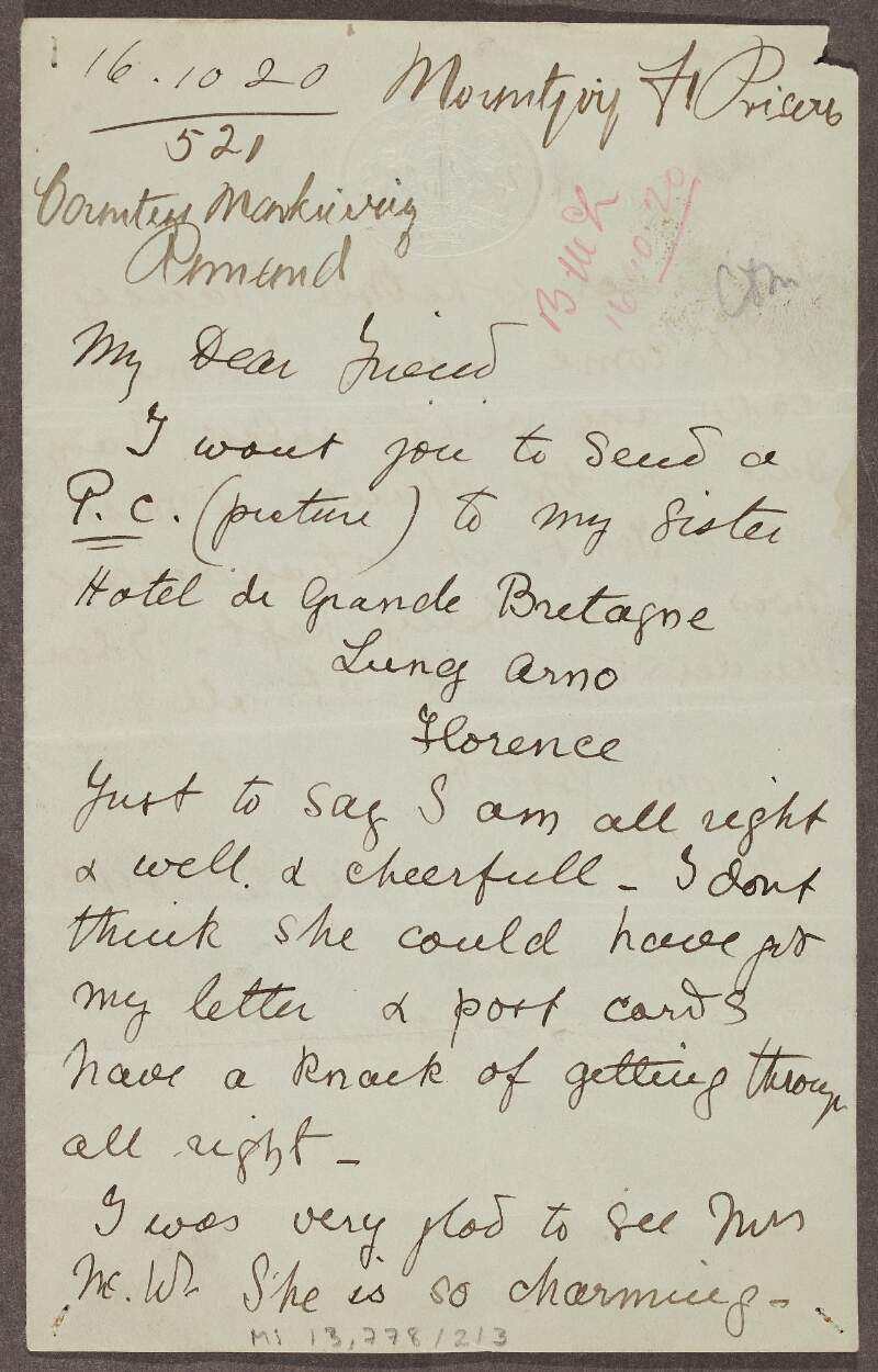 Letter from Constance Markievicz, Mountjoy Prison, to Jennie Wyse-Power,