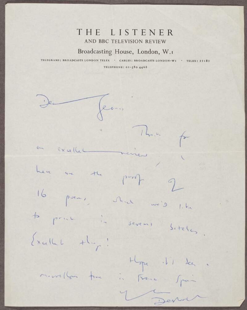 Letter from a staff member of 'The Listener and BBC Television Review' regarding the printing of sixteen of Heaney's poems,