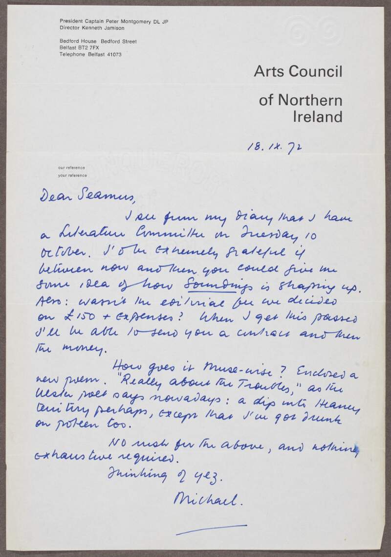 Letter from Michael [Longley] from the Arts Council of Northern Ireland, regarding Heaney's work 'Soundings',