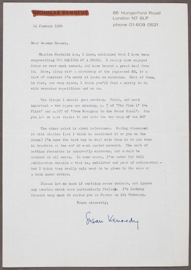 Letter from Susan Kennedy to Heaney regarding copy-editing of 'The Making of a Music',