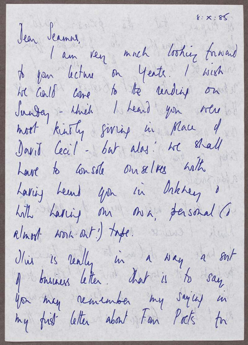 Letter from an known author (Elizabeth) requesting contribution of work from Heaney,