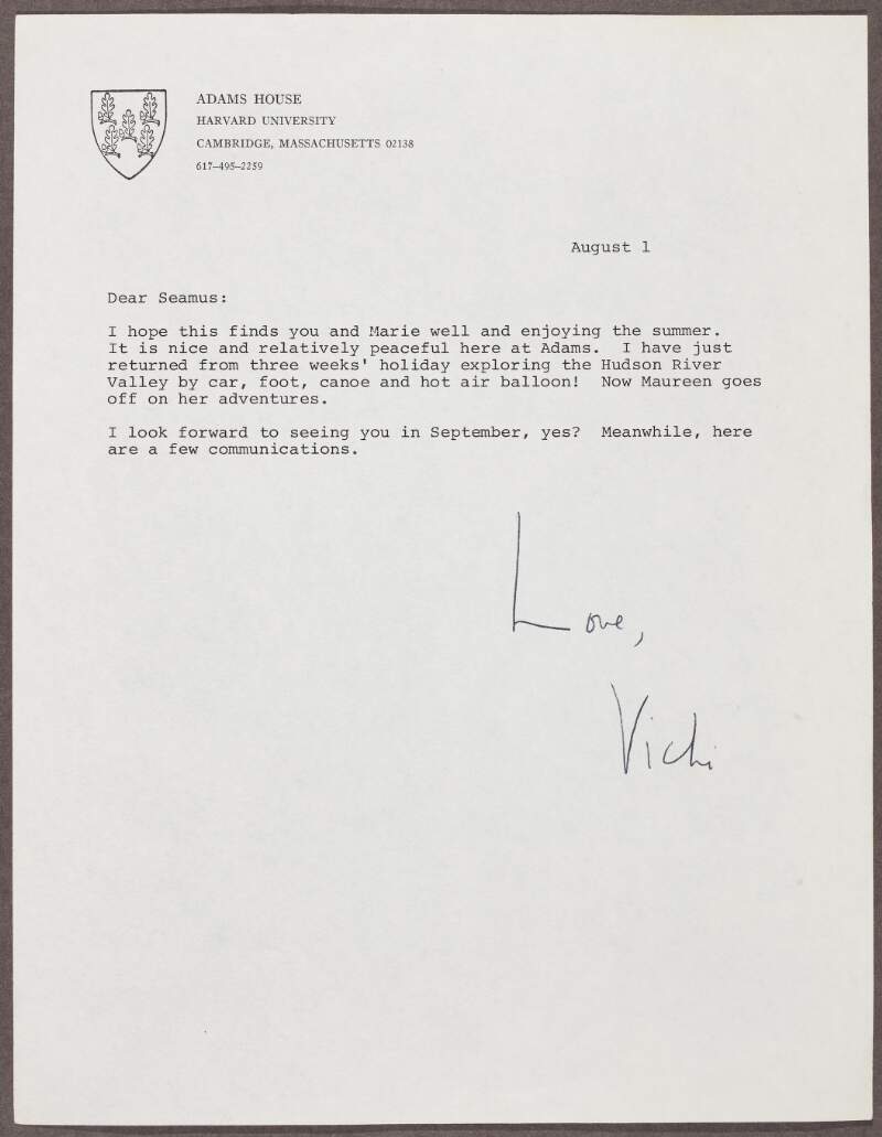 Letter from unknown author (Vicki) from Adam's House, Harvard University, dated 1st August,