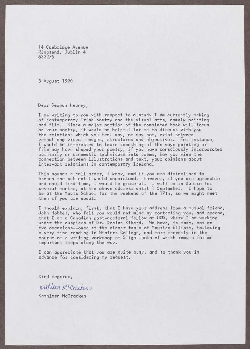 Letter from Kathleen McCracken regarding a study of poetry and the visual arts,