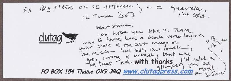 Correspondence from [Andrew McNeillie] of Clutag Press with notes in pencil on the verso,