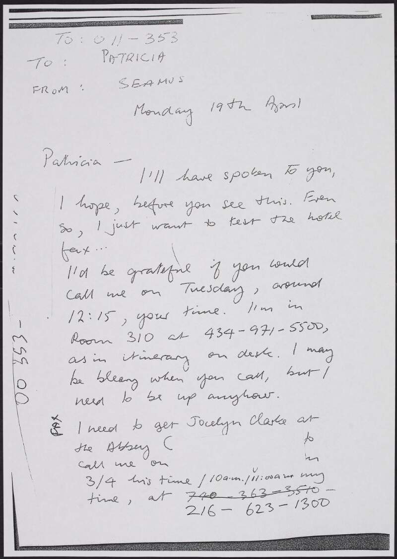 Fax from Seamus Heaney to his secretary Patricia McVeigh, requesting a phone call and discussing the weather,