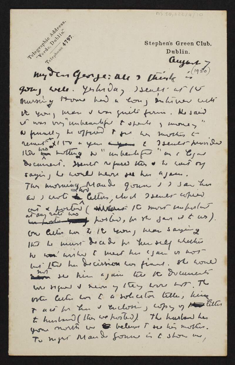 Letter from W. B. Yeats, Stephen's Green Club, Dublin, to George Yeats,
