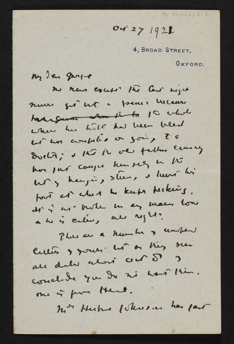 Letter from W. B. Yeats, 4 Broad Street, Oxford, to George Yeats,