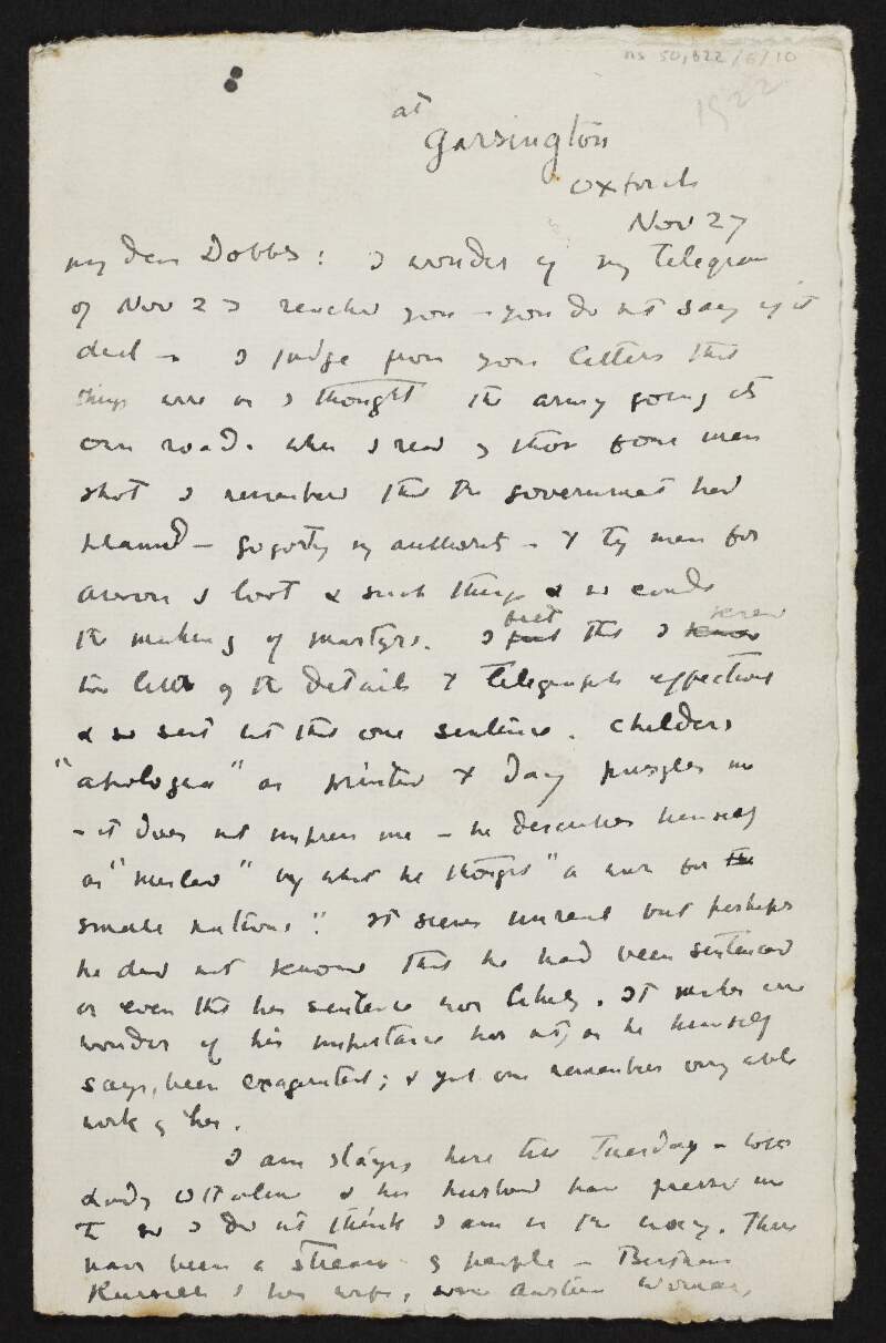 Letter from W. B. Yeats, Garsington, Oxford, to George Yeats,