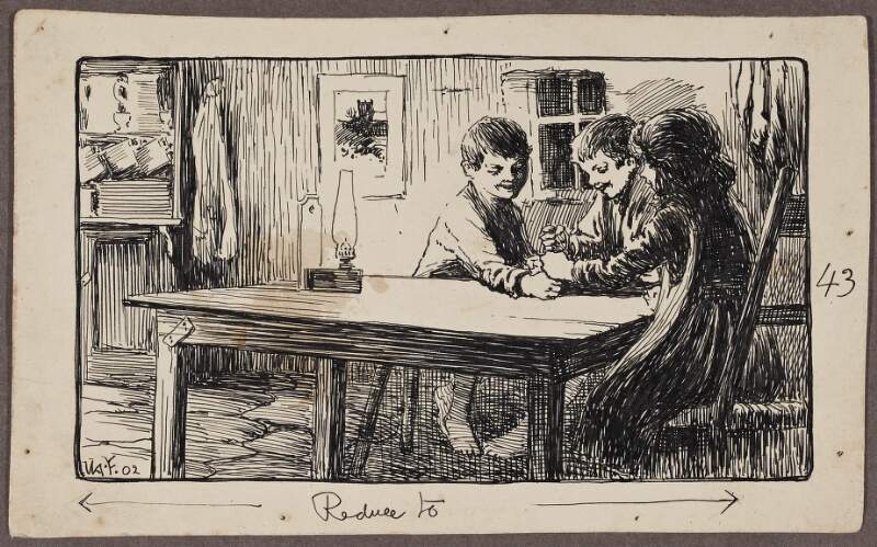 [Illustration of two boys and a girl playing games while seated at a table in the interior of a house, lit by an oil lamp].