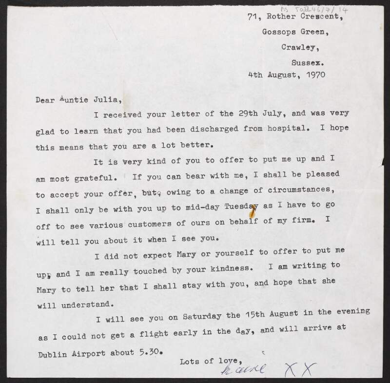Letter from Maire [?] to her auntie, Julia Grenan about coming to visit her in Dublin,