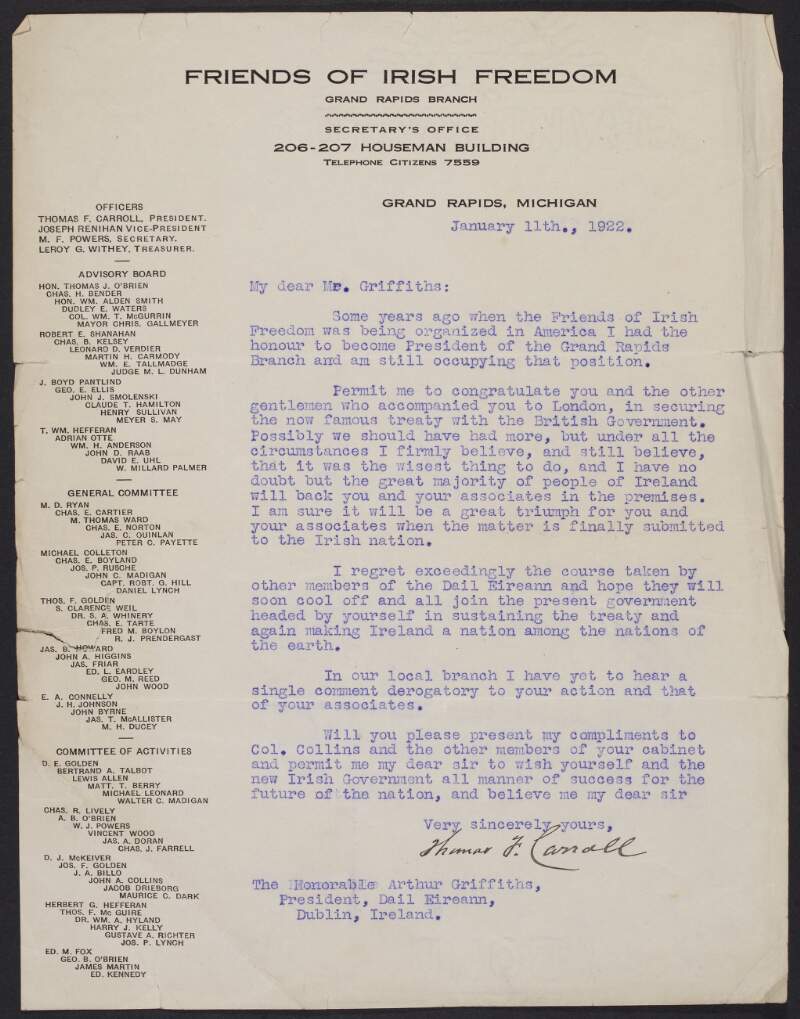 Letter from Thomas F. Carroll, President of the Grand Rapids Branch of the Friends of Irish Freedom, to Arthur Griffith, congratulating Griffith on negotiating the Anglo-Irish Treaty,
