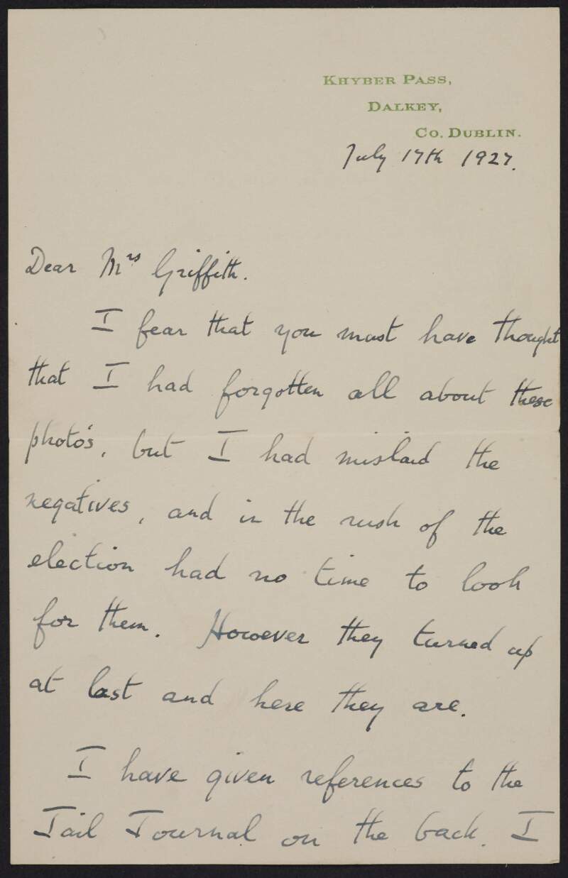 Letter from Bryan Cooper to Maud Griffith forwarding non-extant photographs, with an accompanying envelope,