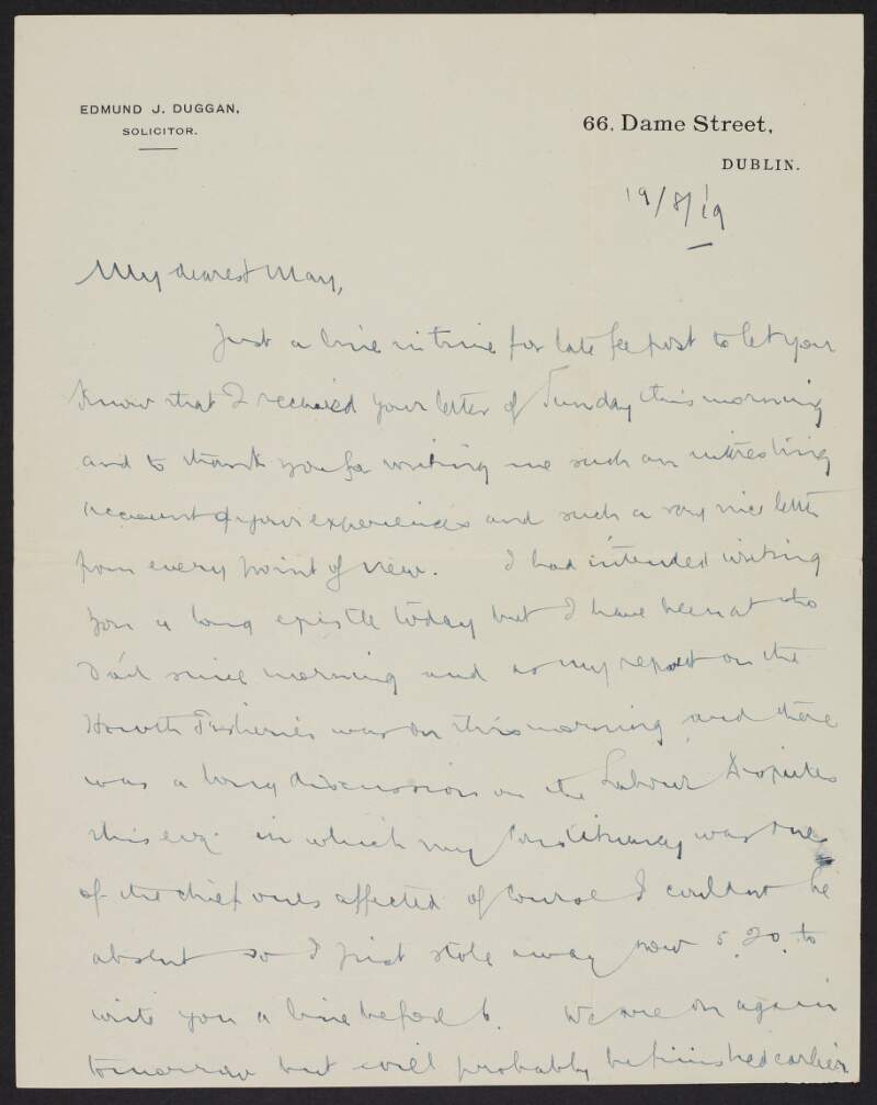 Letter from Éamonn Duggan to his fiancée May Kavanagh discussing business in the Dáil including his report on the Howth Fisheries,