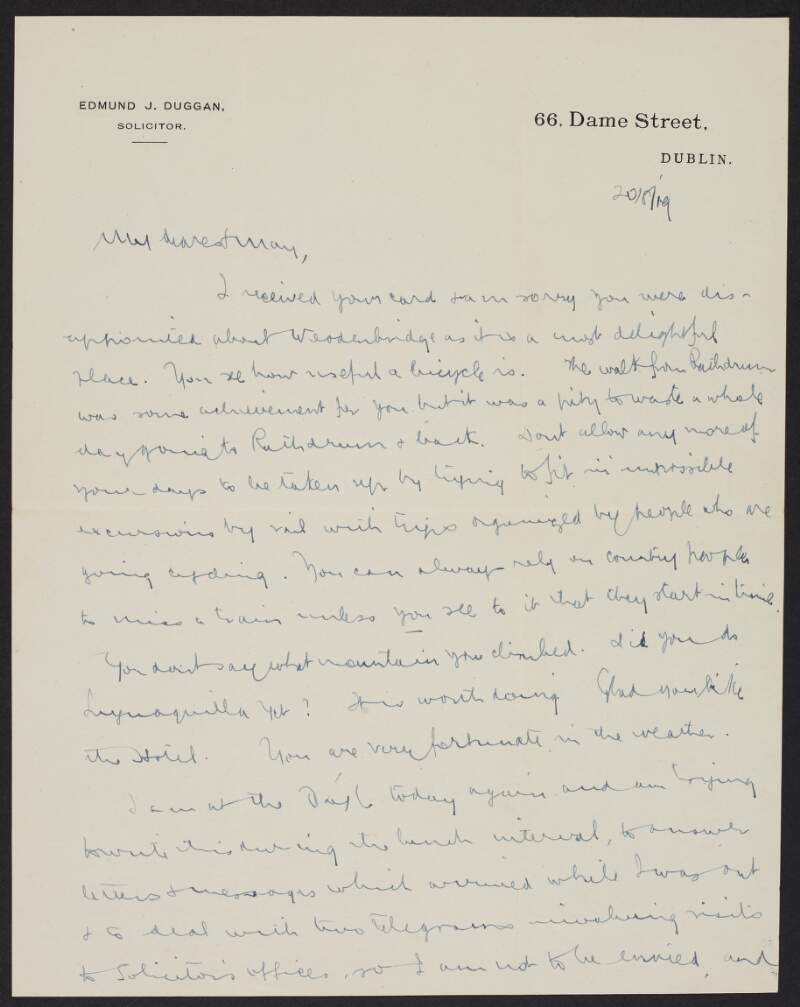 Letter from Éamonn Duggan to his fiancée May Kavanagh briefly discussing his work in the Dáil,