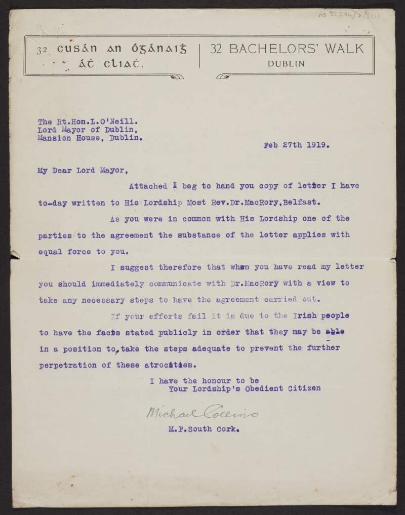 Letter from Michael Collins to Laurence O'Neill, Lord Mayor of Dublin, forwarding a copy of a letter from Michael Collins to Bishop Joseph MacRory, regarding conditions in Belfast Jail,