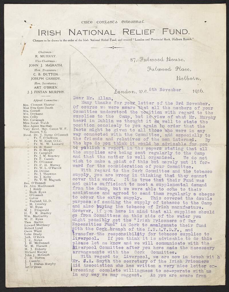 Letter from Art O'Brien, Irish National Relief Fund, to Frederick J. Allan, INAAVD, regarding the organisation, delivery, and publication of supplies sent to Frongoch,