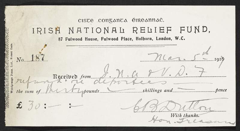 Letter from Art O'Brien, Irish National Relief Fund, to the INAAVD enclosing a cheque for donation,