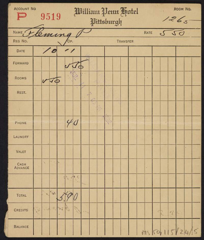 Hotel bill issued to Padraic Fleming for a two night stay at William Penn Hotel, Pittsburgh,