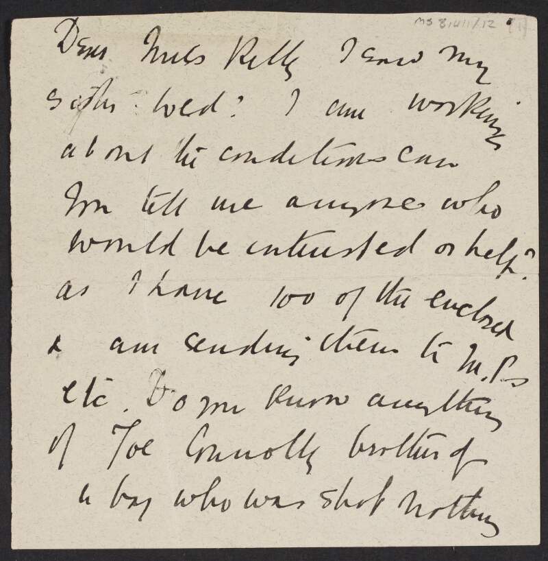 Letter from Eva Gore-Booth to Kate Kelly, asking who can be contacted to assist with conditions [for prisoners],