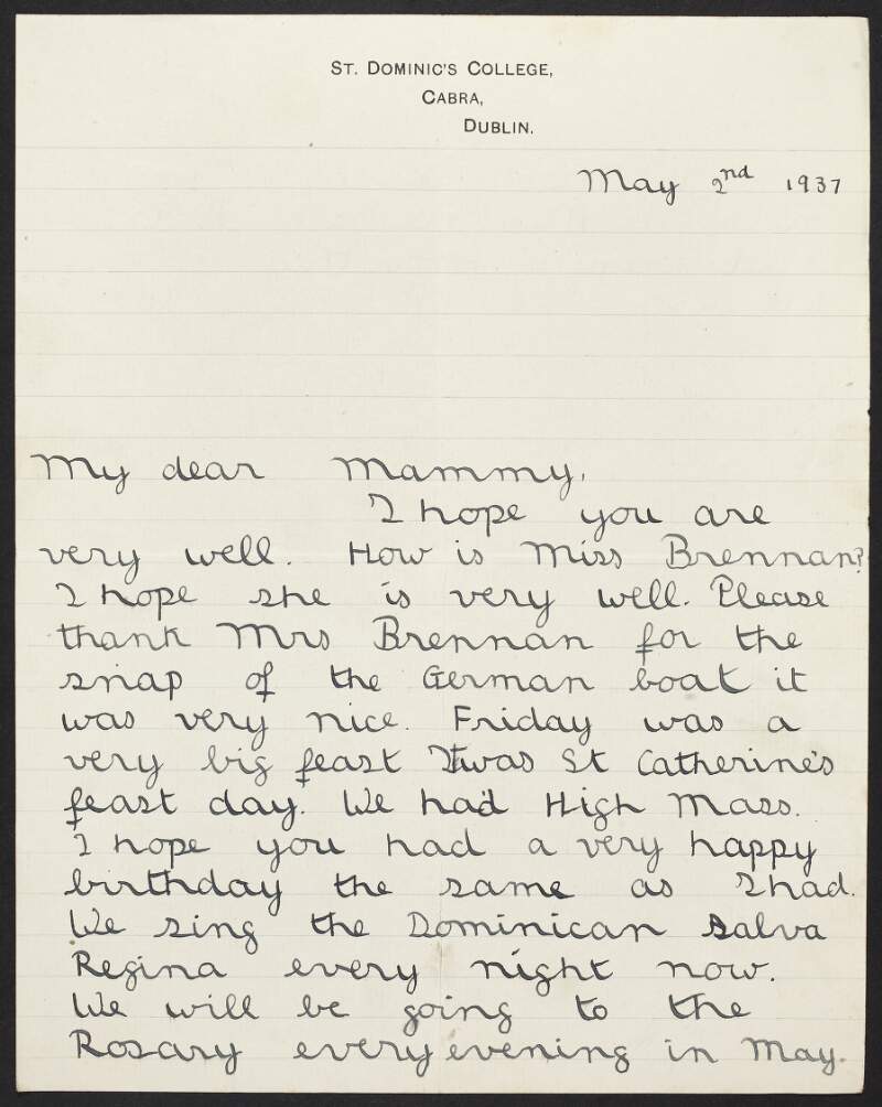 Letter from Gerard Duggan to his mother May Duggan noting that he went to High Mass as it was the feast day of Saint Catherine,