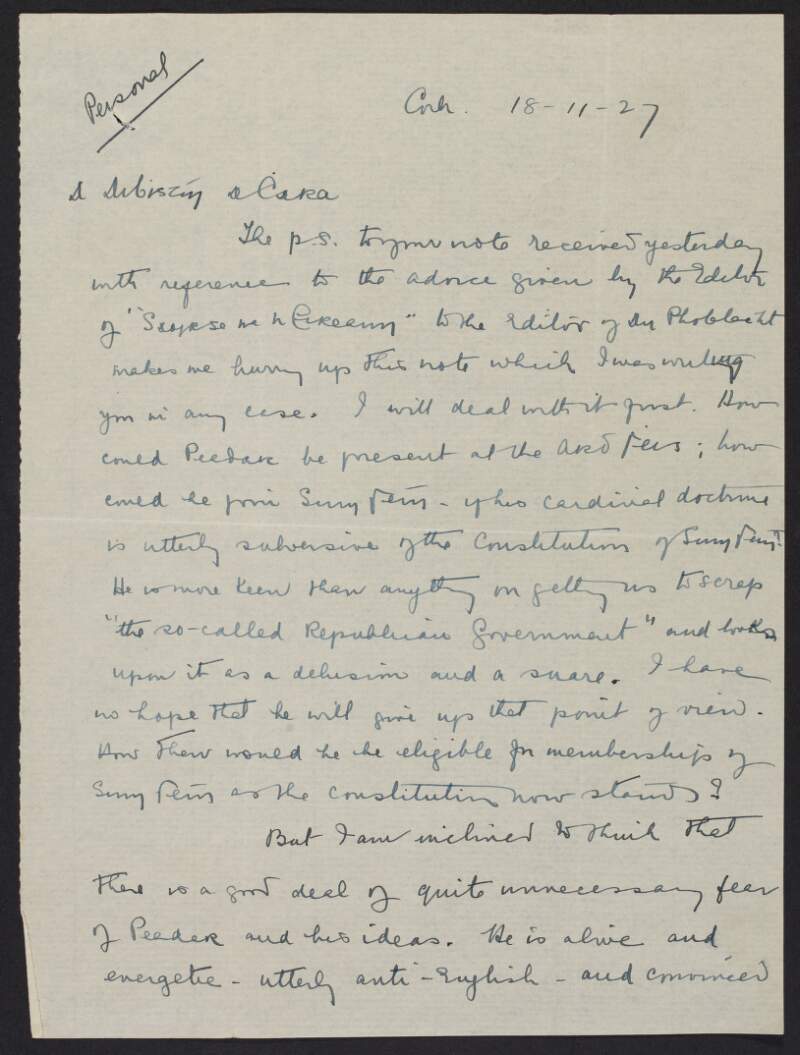 Letter from Mary MacSwiney to Austin Stack regarding the Sinn Féin Ard Fheis 1917 and Peadar O'Donnell, editor of 'An Phoblacht',