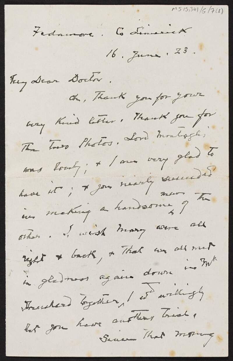 Letter from unidentified person, Fedamore, Limerick, to Dorothy Stopford Price thanking Stopford Price for her letter and reminiscing about their time in Mount Trenchard, Limerick,