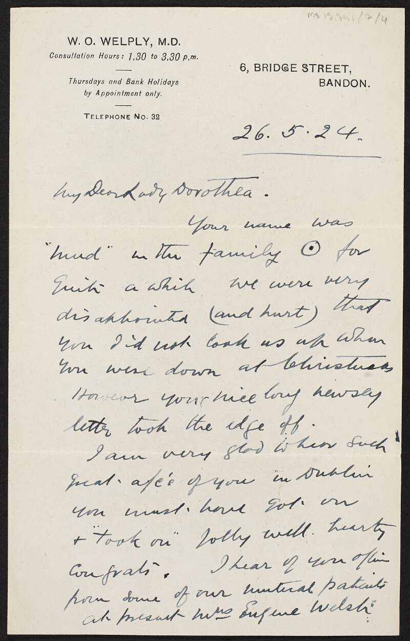 Letter from Dr. W. O. Welply, Bandon, to Dorothy Stopford Price regarding difficulties in the delivery of Mrs Eugene Walsh's child,