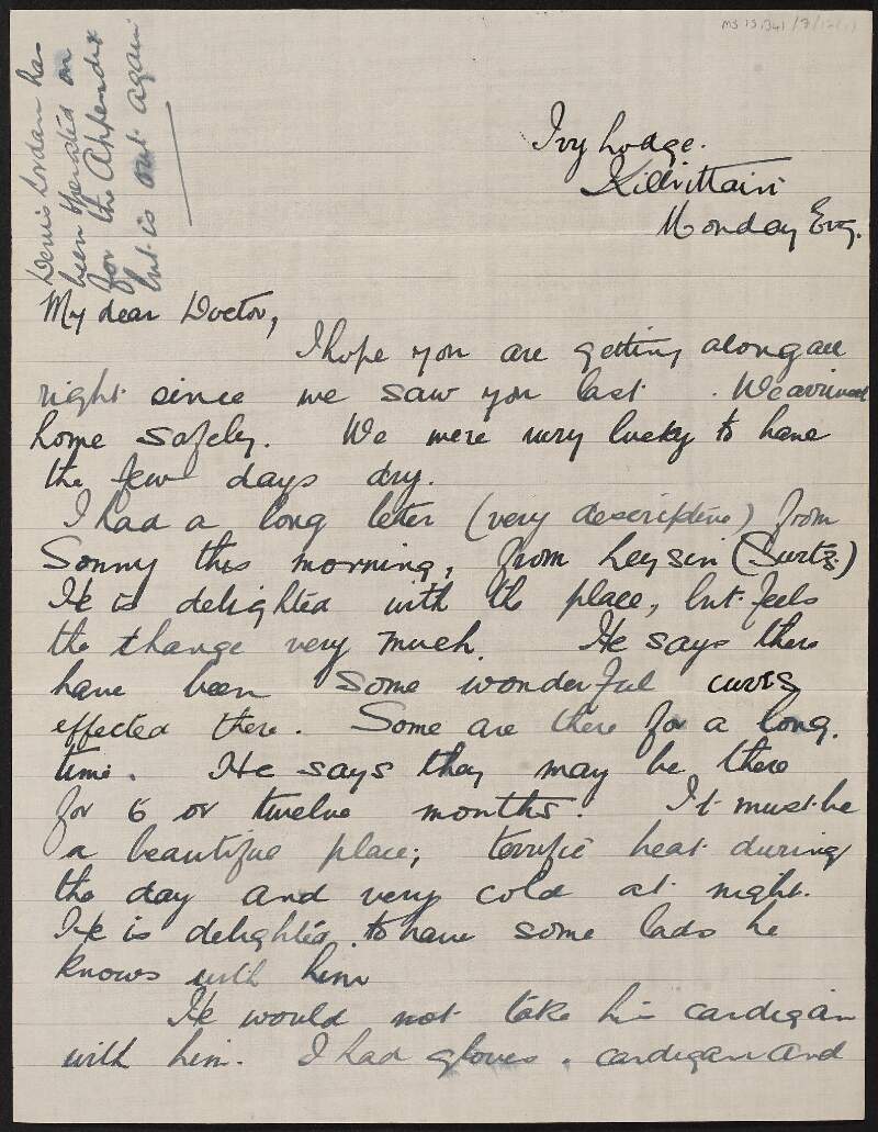 Letter from an unidentified author, Ivy House, Kilbrittain, to Dorothy Stopford Price regarding David Crowley's treatment for tuberculosis in Switzerland,