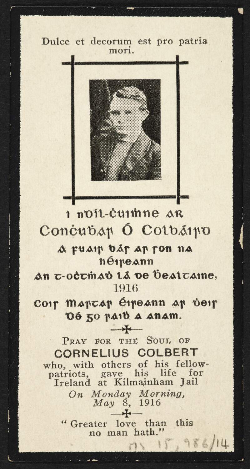 Memorial card for Cornelius Colbert, executed in Kilmainham Jail on 8 May 1916 ,