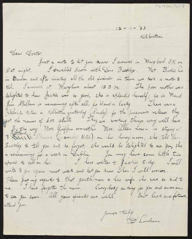 Letter from Denis Lordan, Newbridge Military Barracks, to Dorothy Stopford Price regarding Lordan's release from prison and a reception for the prisoners in Kilbrittain,