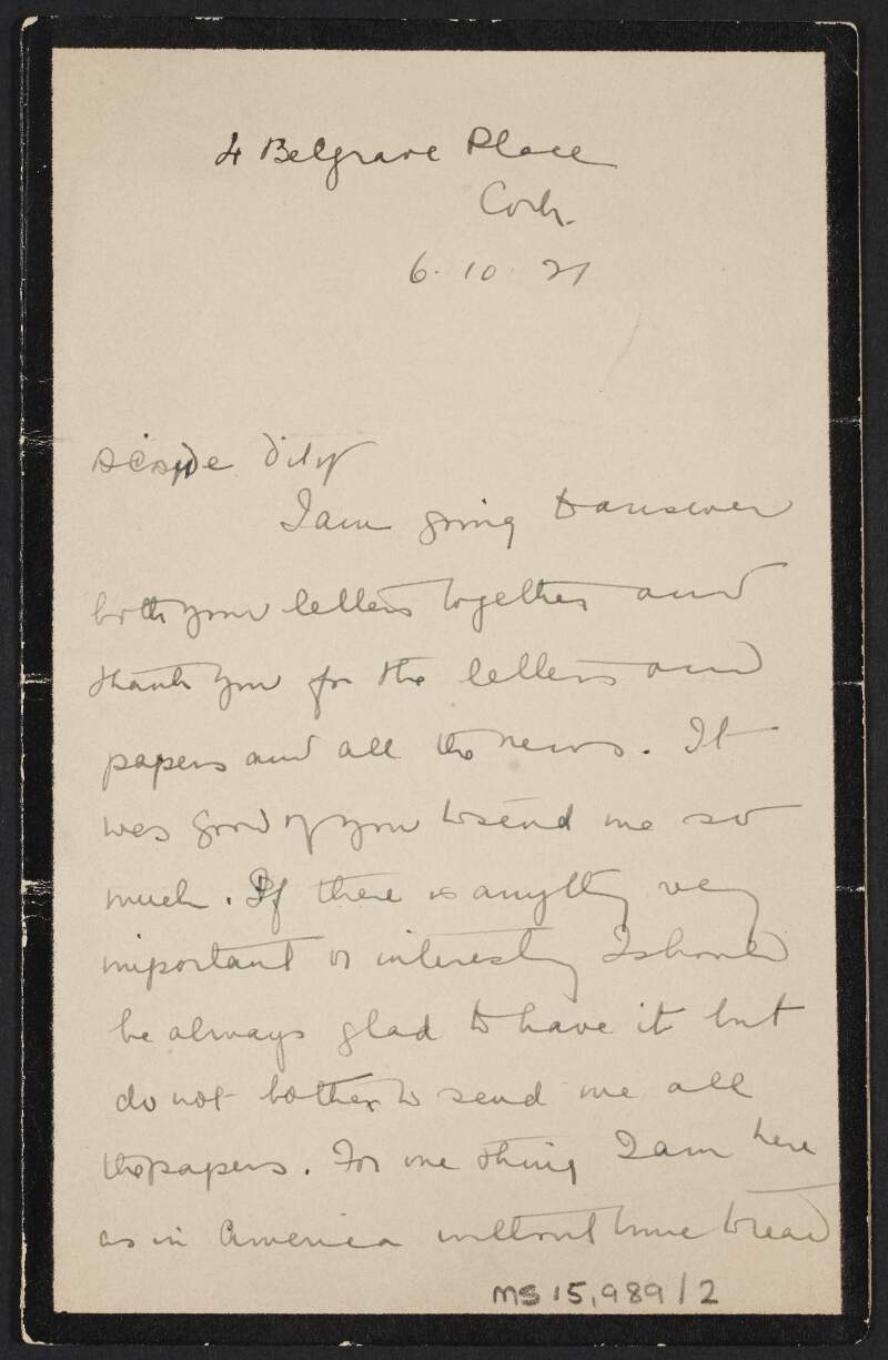 Letter from Mary MacSwiney to Eileen and John J. Hearn regarding developments in Irish politics and informing him that she is kept busy with St Ita's School,