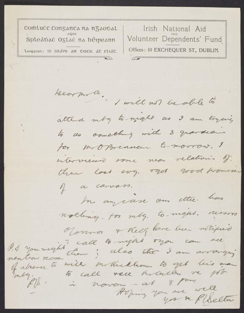 Letter from an unidentified author, INAAVD, to Frederick J. Allan, INAAVD, explaining his absence from the forthcoming [Executive] Meeting of the INAAVD,