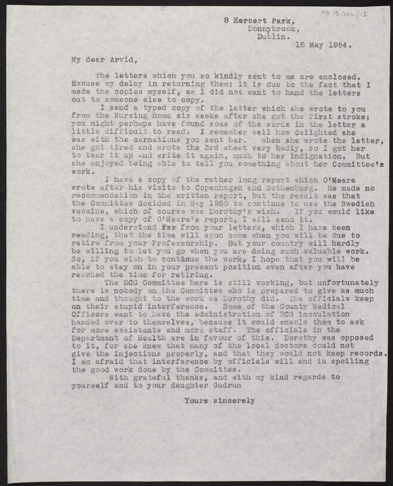 Copy letter from Liam Price to Arvid Wallgren returning letters from Dorothy Stopford Price to Wallgren and referencing the work of the BCG Committee, of which Stopford Price was a member,