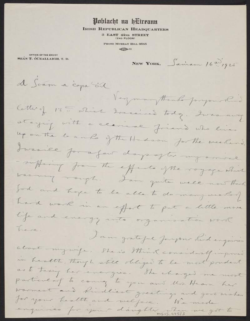 Letter from Seán T. Ó Ceallaigh to John J. Hearn about his wife's health and enquiring after Hearn's family,
